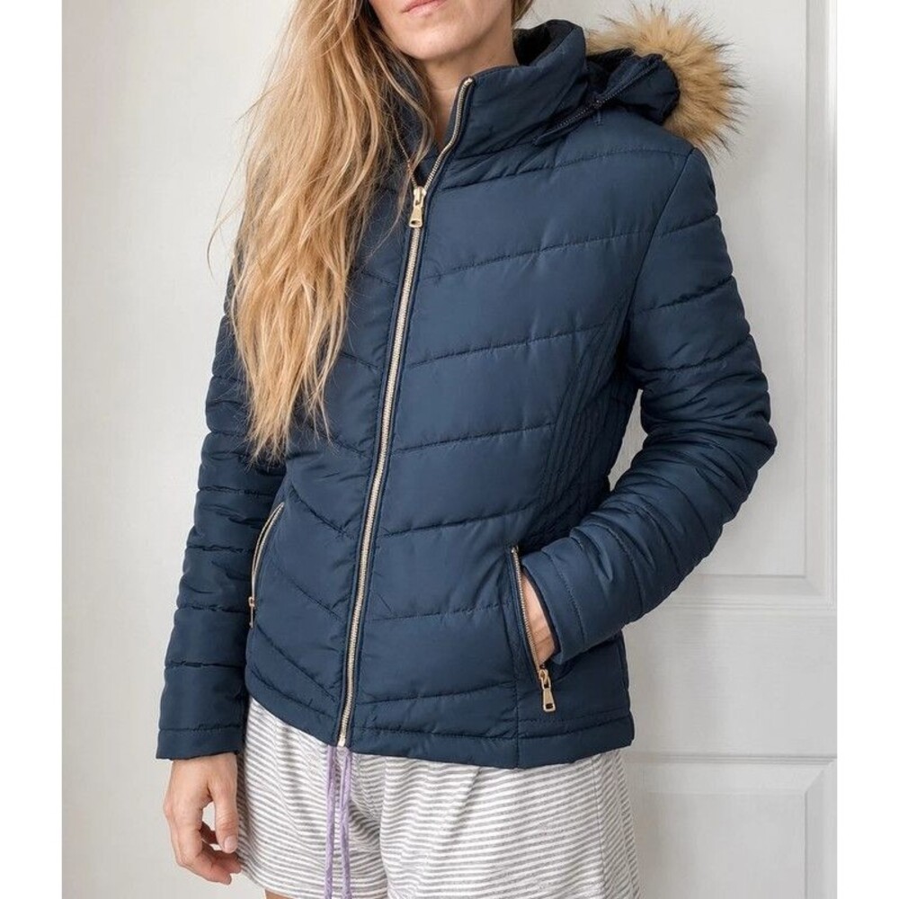 Women's navy blue faux fur puffer jacket hood size M